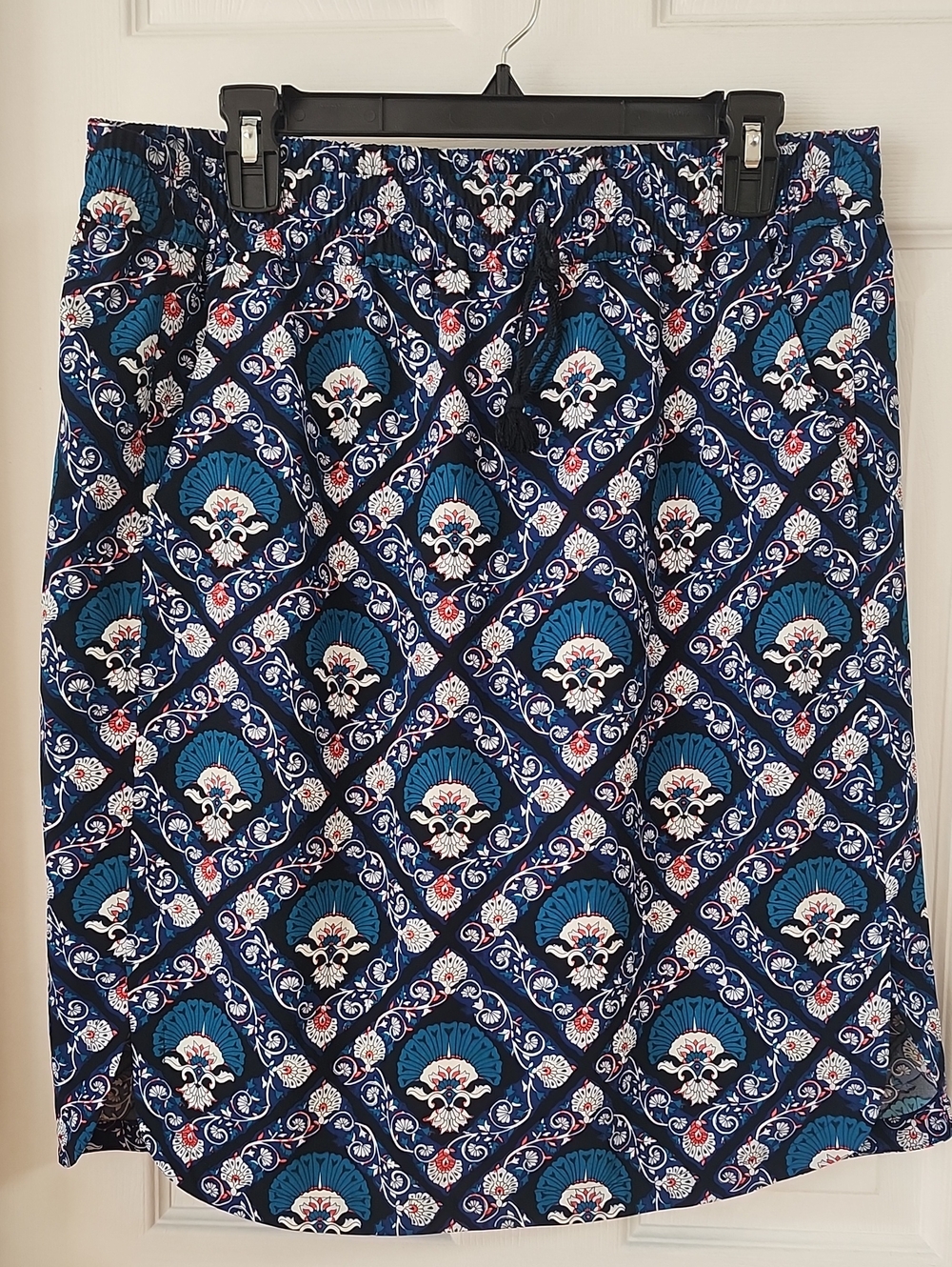 LOFT Navy Blue Printed Midi Skirt with Teal Accents